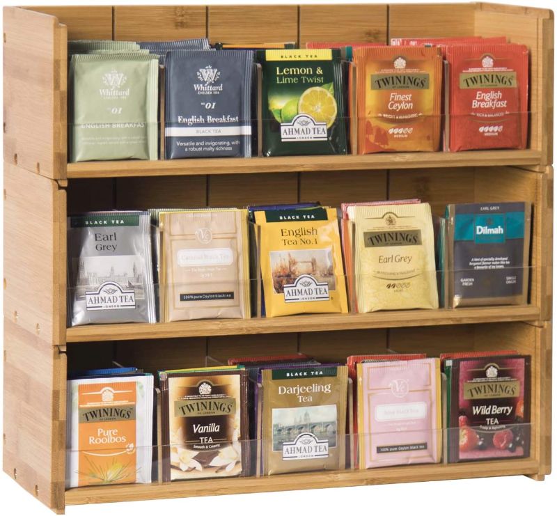 Photo 1 of Bamboo-Tea-Bag-Organizer-Storage-Box-3-Tier-Stackable-Holder Tea Bag Box Natural Wood Wall Mount Tea Chests with Acrylic for tea bags Office Kitchen Cabinet Pantry
