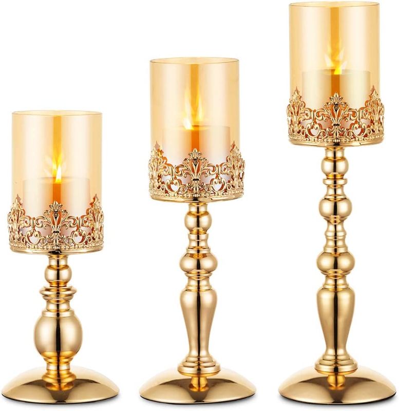 Photo 1 of Nuptio Pillar Candle Holders with Glass, Set of 3 Gold Hurricane Candle Holder Modern Home Decor Gifts, Candlelight Holder for Wedding Anniversary Housewarming Party Table Centerpieces
