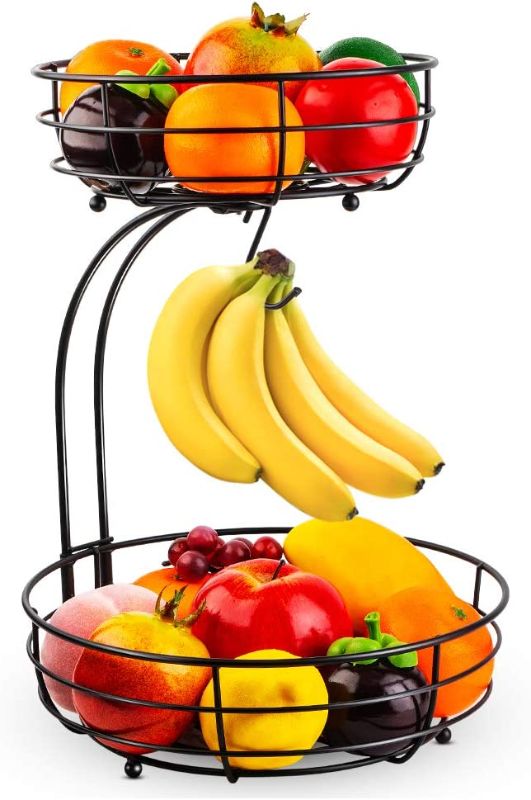 Photo 1 of Auledio 2-Tier Countertop Fruit Vegetables Basket Bowl Storage With Banana Hanger, Black