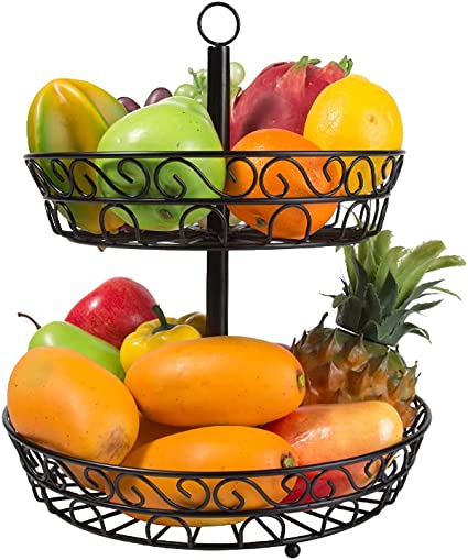 Photo 1 of Auledio 2-Tier Countertop Fruit Vegetables Basket Bowl Storage With Banana Hanger, Black