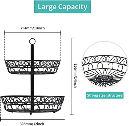 Photo 2 of Auledio 2-Tier Countertop Fruit Vegetables Basket Bowl Storage With Banana Hanger, Black