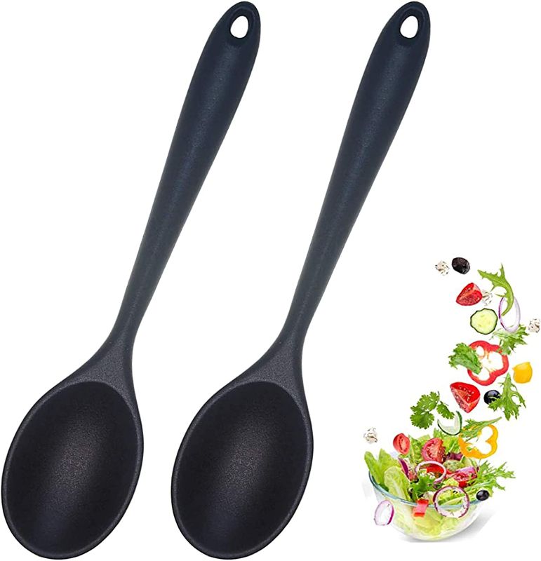Photo 1 of 2 Pcs Silicone Nonstick Mixing Spoon, Silicone Spoons for Cooking Heat Resistant, Cooking Utensil for Kitchen Cooking Baking Stirring Serving (Black)