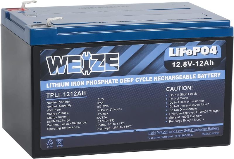 Photo 1 of Weize 12V 12ah LiFePO4 Lithium Battery, 2000+ Deep Cycles, Smart BMS, Perfect for Riding Toys, Home Alarm, Backup UPS, Fire Security Systems, E-Scooters and Emergency Lighting
