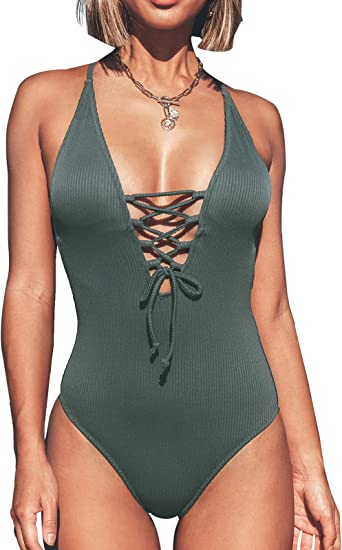 Photo 1 of CUPSHE Women's Solid Color V Neck Lace Up One Piece Swimsuit SIZE LARGE
