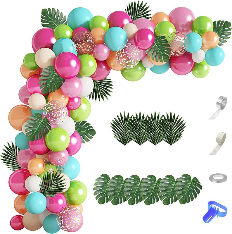 Photo 1 of 124Pcs Tropical Balloons Arch Garland Kit, Green Hot Pink Rose Gold Confetti Balloons Palm Leaves for Tropical Hawaiian Aloha Luau Flamingo Moana Birthday Party Baby Shower Wedding Decorations
