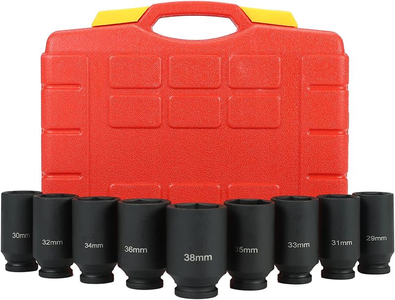 Photo 1 of 9PCS 1/2"Drive Deep Impact Socket Set, 6 Point, Metric, 29-38mm Drive Metric Axle Hub Nut Socket, Radius Corner Design with Heavy Duty Storage Case
