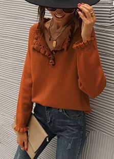 Photo 1 of BTFBM Women's Sweaters Casual Long Sleeve Button Down Crew Neck Ruffle Knit Pullover Sweater Tops Solid Color Striped
SIZE S