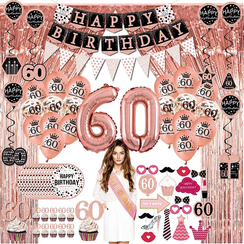 Photo 1 of 60th birthday decorations for women - (76pack) rose gold party Banner, Pennant, Hanging Swirl, birthday Balloons, Foil Backdrops, cupcake Topper, plates, Photo Props, Birthday Sash for gifts women
