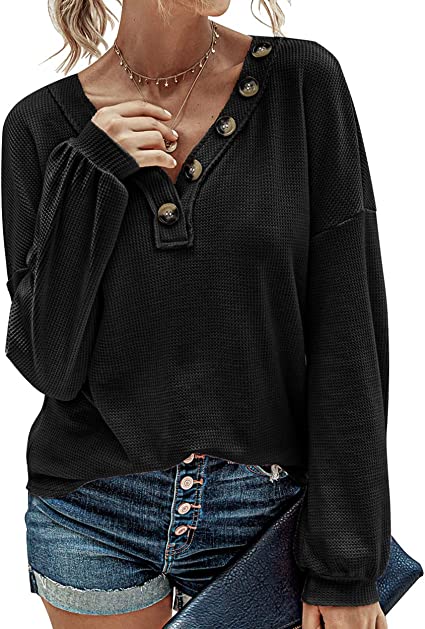 Photo 1 of BTFBM Women Waffle Knit Shirts V-Neck Long Sleeve Casual Slouchy Loose Blouses Plain Faux Button Lightweight Pullover
