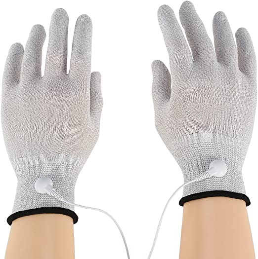 Photo 1 of Conductive Glove, 1 Pair Conductive Electrode Massage Gloves Electrode Hand Gloves with Electrode Pads Lead Wires
