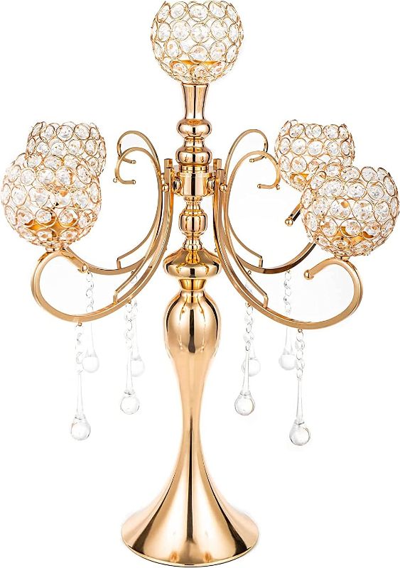 Photo 1 of 5 Arms Gold Candelabra Centerpiece 26 Inches Tall Chandelier Crystal Beaded Candle Holders for Table Centerpiece, Wedding Party Dinner Formal Events Gifts (Gold)
