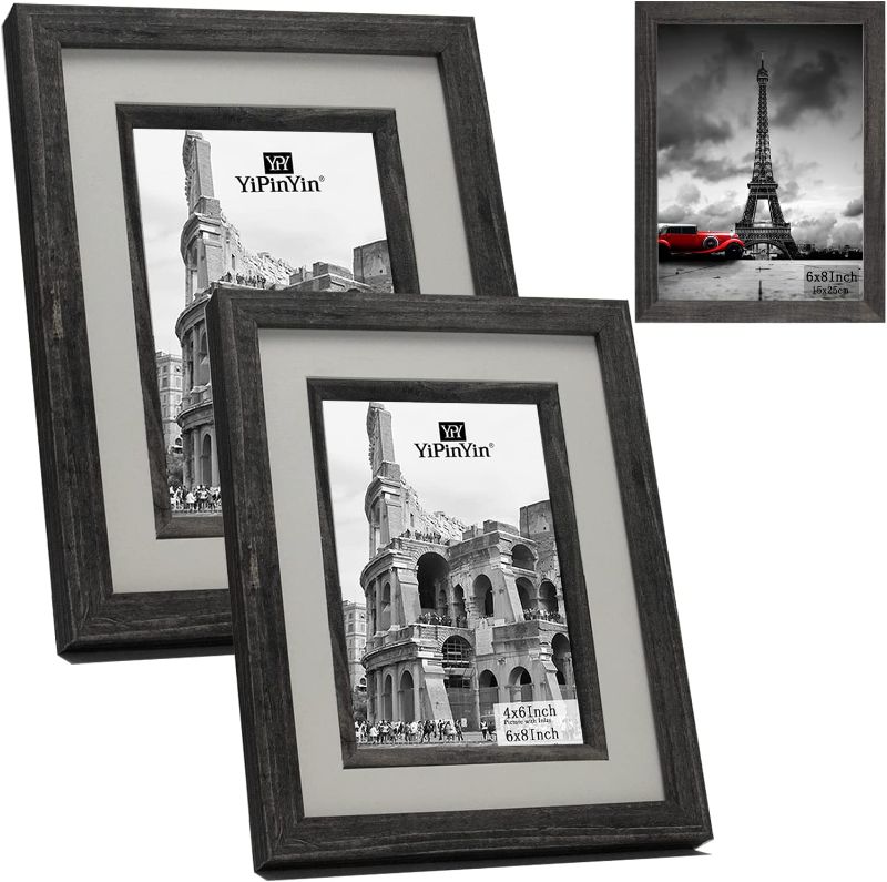 Photo 1 of 6 x 8'' Carbonized Wood Effect Picture Frame with Inlay for 4 x 6'' 2PK, 6 x 8'' photo Frame With Mount for 4 x 6'' Set of 2. dark Wood Pattern Picture frames with Glass Front for Desktop Or Wall Mounted
