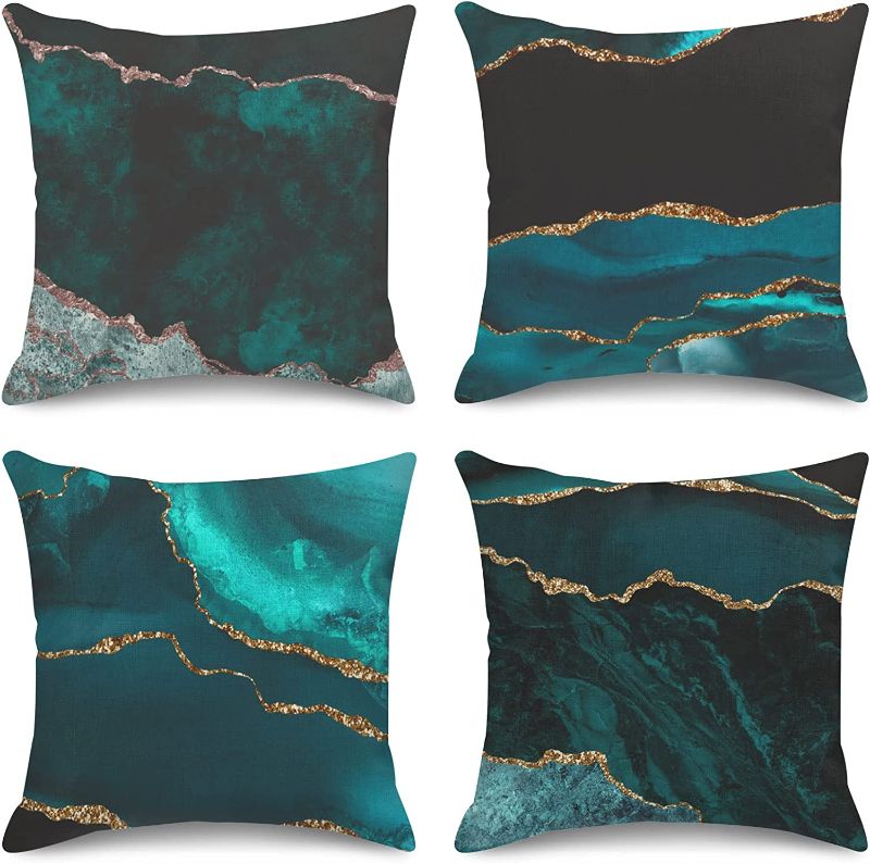 Photo 1 of 
Sanwarm Throw Pillow Covers Home Decor Set of 4 Pillow Cases Decorative 18 x 18 Inches Outdoor Cushion Couch Sofa Pillowcases Blue Gold Marble Teal Golden
