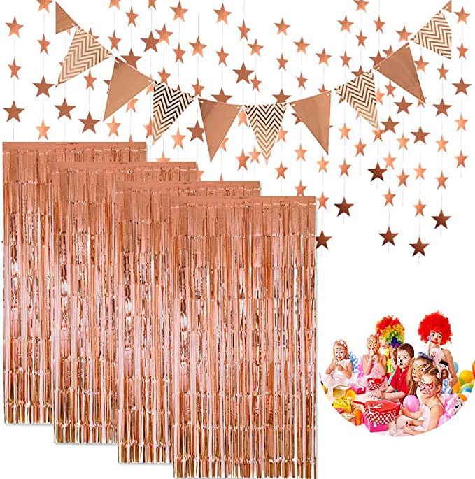 Photo 1 of 4 Pcs Rose Gold Metallic Tinsel Foil Fringe Curtains and 1 Pcs Flag Bunting Banner and 1 Pcs Glitter Paper Star Shape Garland for Birthday Wedding Bachelorette Party Photo Backdrop Decorations
