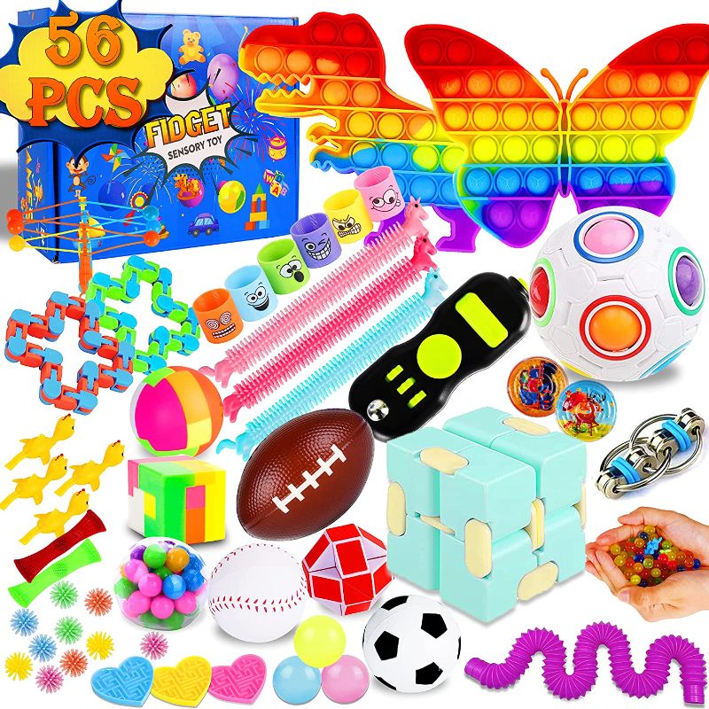 Photo 1 of 56 Pack) Fidget Sensory Toy Box Set Pop Popper Bulk Party Favor Stocking Stuffer Prize Anxiety Autism Stress Game Chest Carnival Prizes Pinata Classroom Treasure Gift for Girls Boys Kids Adults ADHD