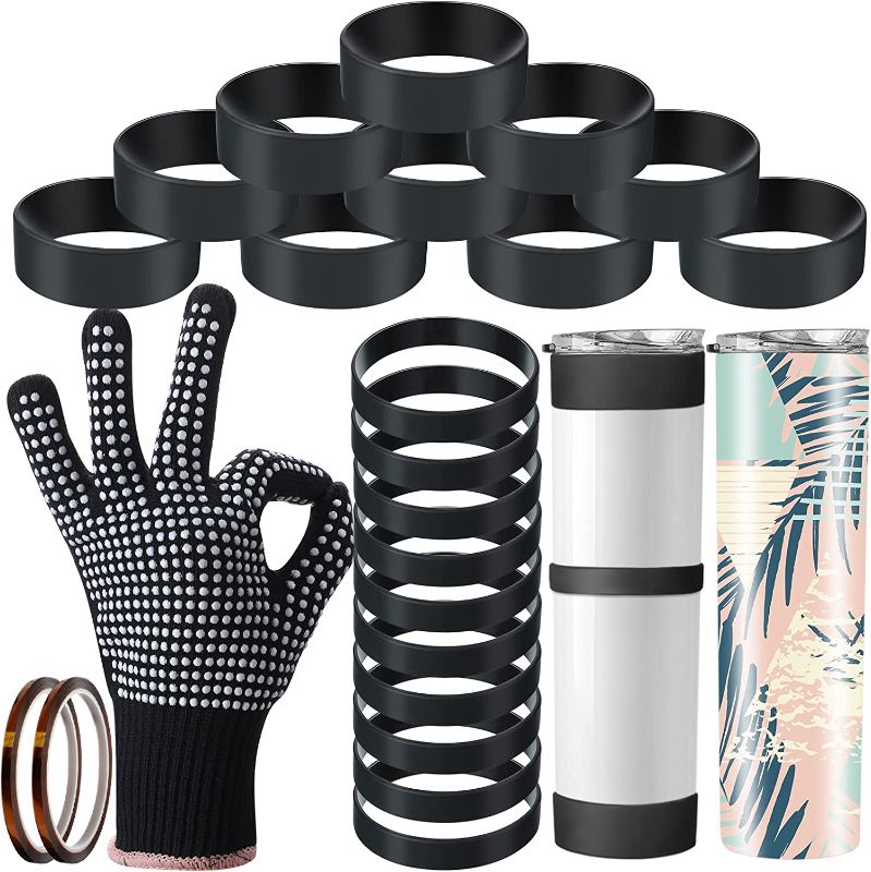 Photo 1 of 27 Pcs Silicone Bands for Sublimation Tumblers Rubber Bands Black Sublimation Paper Holder Ring with Heat Resistant Gloves Sublimation Supplies for 15 20 30 oz Skinny Tumbler Cup DIY Craft