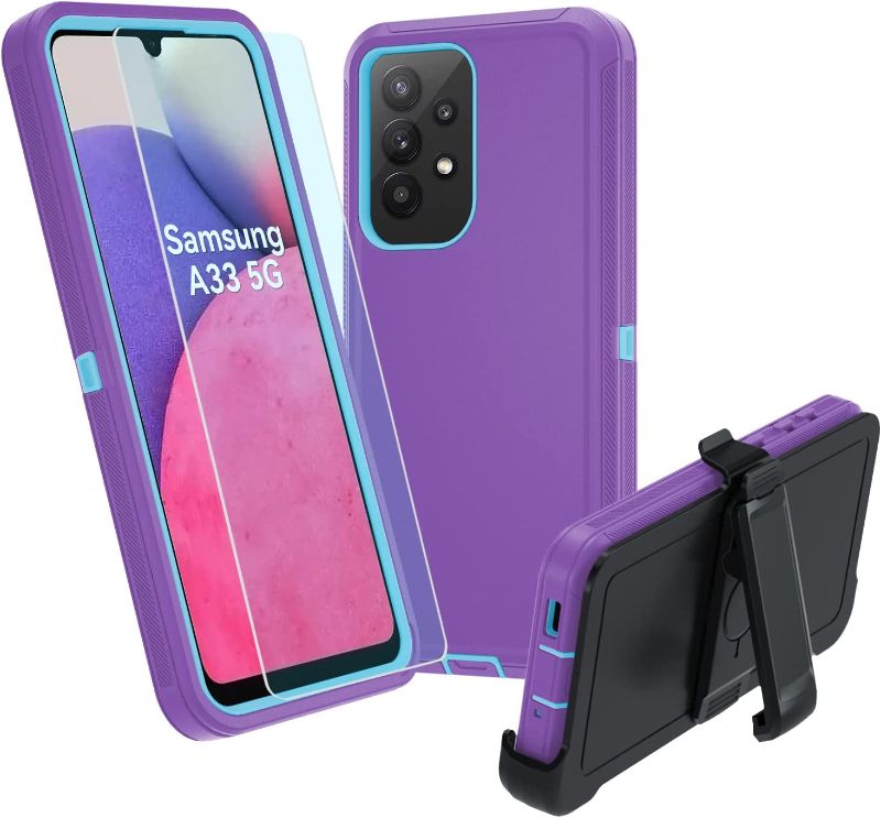 Photo 1 of Defender Case for Samsung A33 5G,Galaxy A33 5G Case, A33 5G Heavy Duty Case[Drop Proof] [Shockproof] [Dust Proof] [with Belt Clip] Compatible with Samsung Galaxy A33 5G(PurpleSky Blue)
