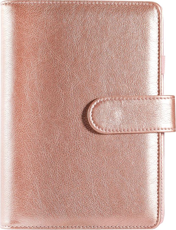 Photo 1 of A6 Notebook Binder Cover - Binder Cover 6 Ring, Mini Binder for A6 Filler Paper, Leather PU Binder Cover, Snap Button, Different Size Pockets - Rose Gold
