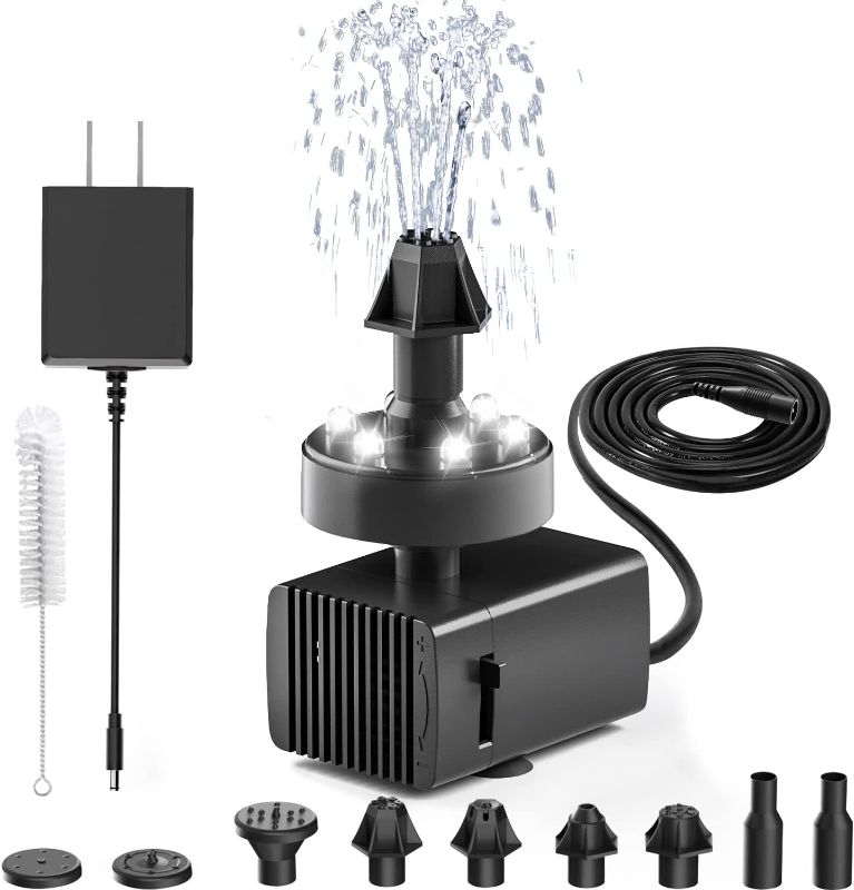 Photo 1 of 24-Hours Working Bird Bath Fountains Electric, Jutai Adjustable Water Fountain Pump with LED Light for Birdbath, Garden, Small Fish Tank, Pond - 7 Nozzles,16.4Ft Power Cord, Adapter Included(White)
