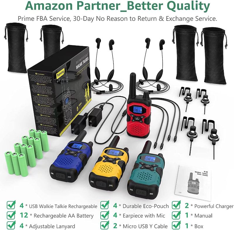 Photo 1 of Rechargeable Walkie Talkies 4 Pack Long Range Walkie Talkies for Adults - Long Distance 2 Way Radios Walkie Talkies with Earpiece and Mic Set NOAA USB Charger 4500mAh Super Power Battery Pouch Lanyard
