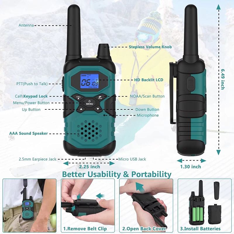 Photo 1 of Rechargeable Walkie Talkies 4 Pack Long Range Walkie Talkies for Adults - Long Distance 2 Way Radios Walkie Talkies with Earpiece and Mic Set NOAA USB Charger 4500mAh Super Power Battery Pouch Lanyard