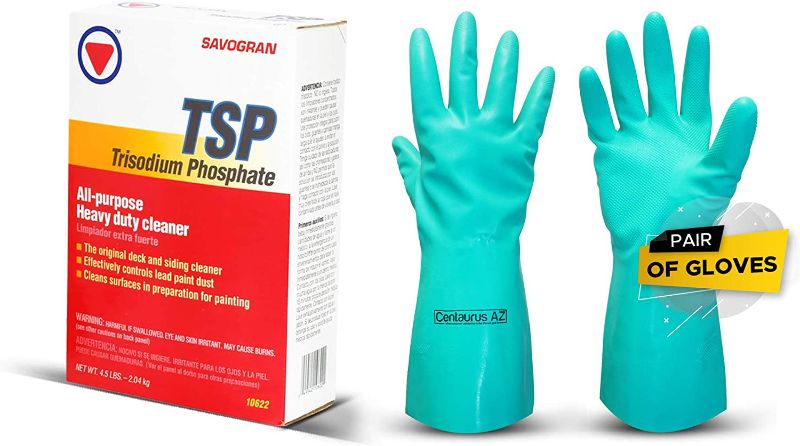 Photo 1 of Trisodium Phosphate TSP 4.5 Pounds with Centaurus AZ Resistant Glove for Commercial and Industrial, Powerful Degreaser, Grease, Grime, Smoke, Soot, Clearing Oil Stains, for Concrete, Brick and Walls