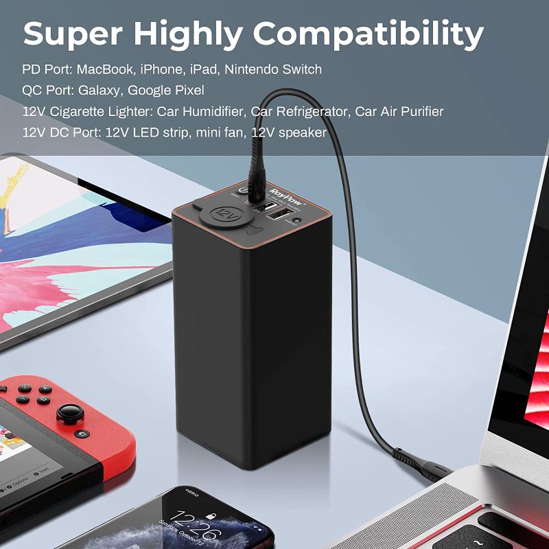 Photo 2 of Roypow 30W PD Portable Charger with 12V/10A Cigarette Lighter Socket, 86.58Wh USB C Laptop Power Bank, 18W QC& 12V DC External Battery Pack, Perfect for MacBook Air iPad Phone Dash Cam or Camping