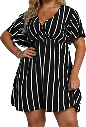 Photo 1 of Floerns Women's Plus Size Striped Print Wrap V Neck Short Sleeve A Line Dress, SIZE XL PLUS