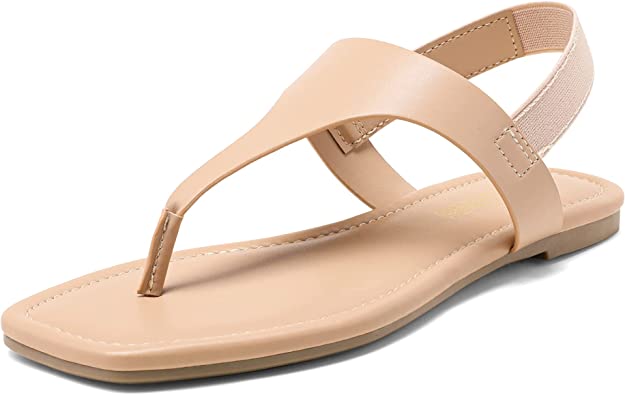 Photo 1 of DREAM PAIRS Women’s Sandals Summer Casual Dressy Cute Comfortable Square Toe Thong T-Strap Elastic Flat Sandals, COLOR NUDE, SIZE 11