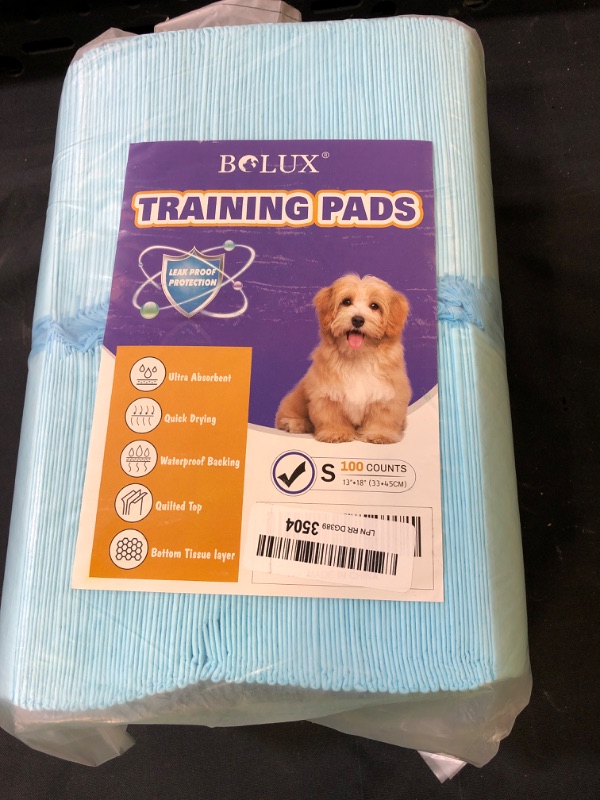 Photo 2 of Bolux Dog and Puppy Training Pads, Disposable Dog Pee Pads, Ultra Absorbent & Leak-Proof Pet Underpads, Dry Quickly Pee Pad for Dogs Cats Rabbits or Other House Training Pets,  13" x 18" , 100 PCS 