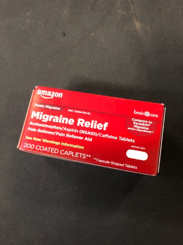 Photo 2 of Amazon Basic Care Migraine Relief, Acetaminophen, Aspirin (NSAID) and Caffeine Tablets, 200 Count
exp - 3 - 2023 