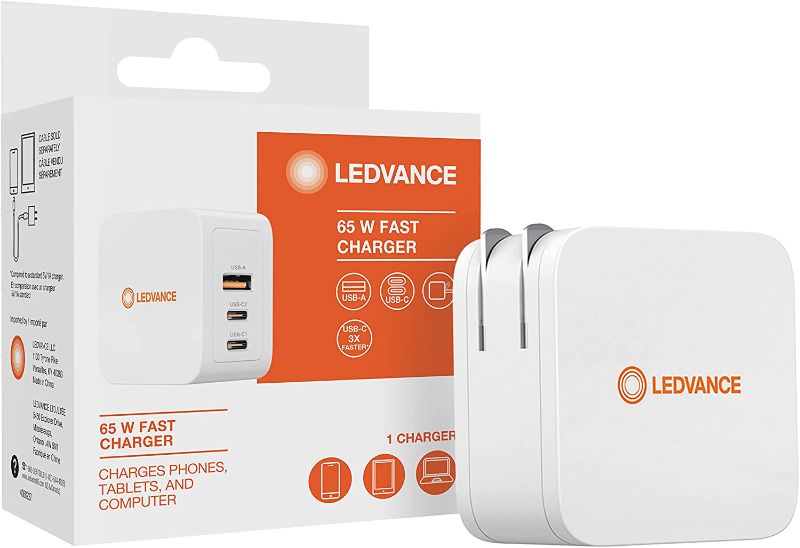 Photo 1 of LEDVANCE 65W Smart Fast Charger with USB A / USB C Ports, 3 Device Compact Charger, Laptop / Tablet / Phone, Apple, Huawei, Samsung Compatible, White - 1 Pack (62372)
sealed 