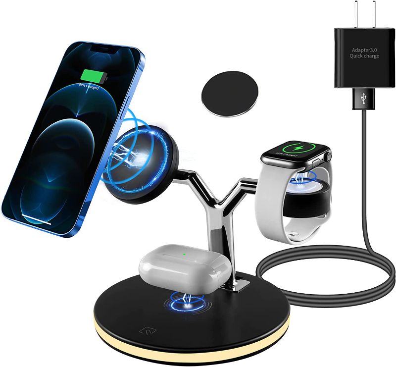 Photo 1 of Mag-Safe Wireless Charger, 4 in 1 Magnetic Wireless Charging Station with for iWatch SE/7/6/5/4/3/2, iPhone 13/12/Pro/Pro Max/Mini/11/SE/X/XS/8 Plus, Wireless Earbuds 2/Pro (with Adapter), Black
