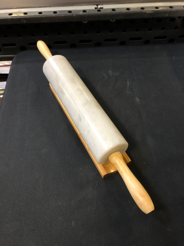 Photo 2 of Fox Run Polished Marble Rolling Pin with Wooden Cradle, 10-Inch Barrel, White
