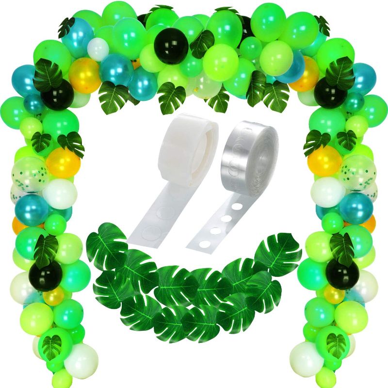 Photo 1 of 120 Pieces Jungle Party Balloons Confetti Balloons, 20 Pieces Palm Leaves with Balloon Arch Garland Decorating Strip for Tropical Jungle Parties (Dark Green, Green, Light Green, Black, White, Gold)
