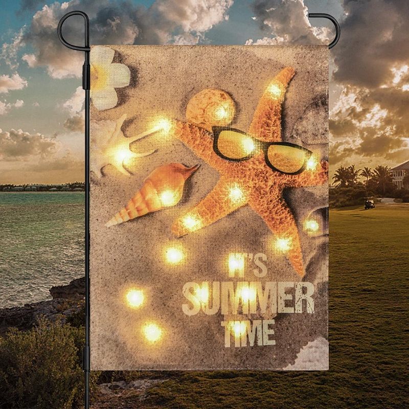 Photo 1 of COVBOARD Welcome Lighted Garden Flag Starfish Shell Sand Summer Garden flag Double Sided, Battery Operated, Garden Yard Holiday Seasonal Outdoor Flag 12" x 18"(Stand NOT Included)
