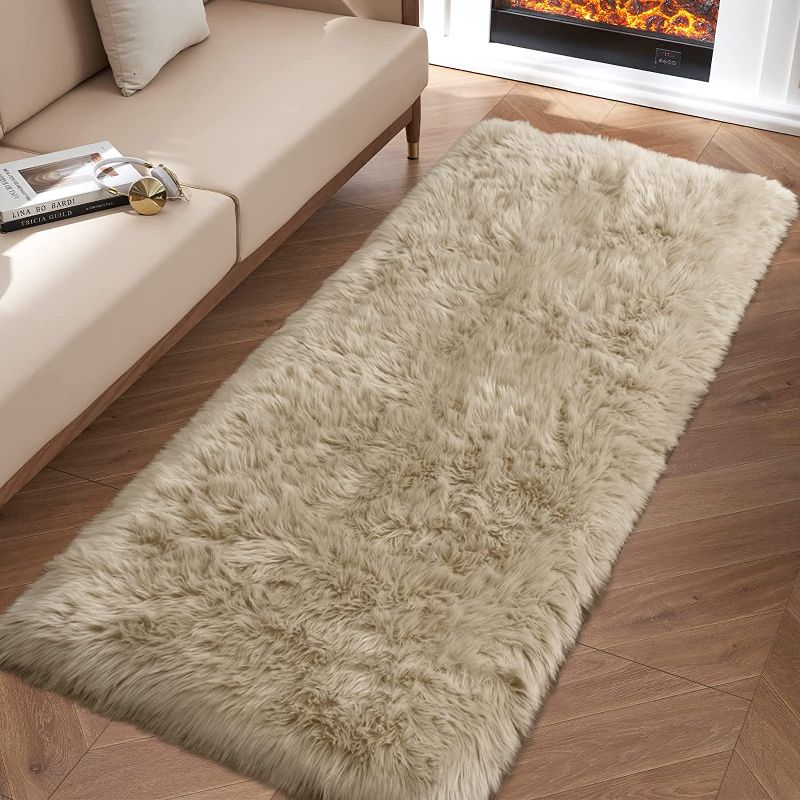 Photo 1 of Beige Fluffy Rug for Bedroom, 2'X6' Faux Fur Rug for Runner, Soft Shag Rug for Sofa Couch Cushion, Cozy Shaggy Fuzzy Plush Floor Carpet for Nursery, Cute Bedside Dorm Home Decor Rectangle
