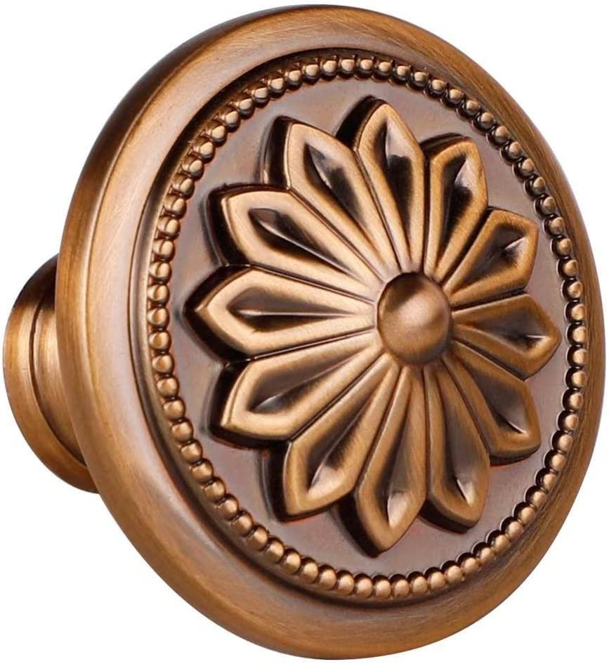 Photo 1 of 15 Pack - Antique Brass Knobs for Cabinets and Drawers,1-2/5''(36mm) Diameter Round Antique Brass Cabinet Hardware Knobs,Flower Vintage Brushed Brass Hardware knobs for Dresser Drawers(Coffee Yellow)
