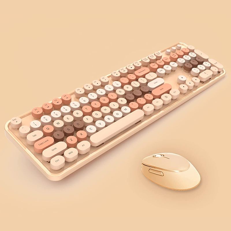 Photo 1 of 2.4G USB Wireless Keyboard and Mouse Combo, Multi-Color Typewriter Style Round Keycap, Cute Candy Colors, Compatible with Notebook, PC (104 Keys,Milk Tea)
