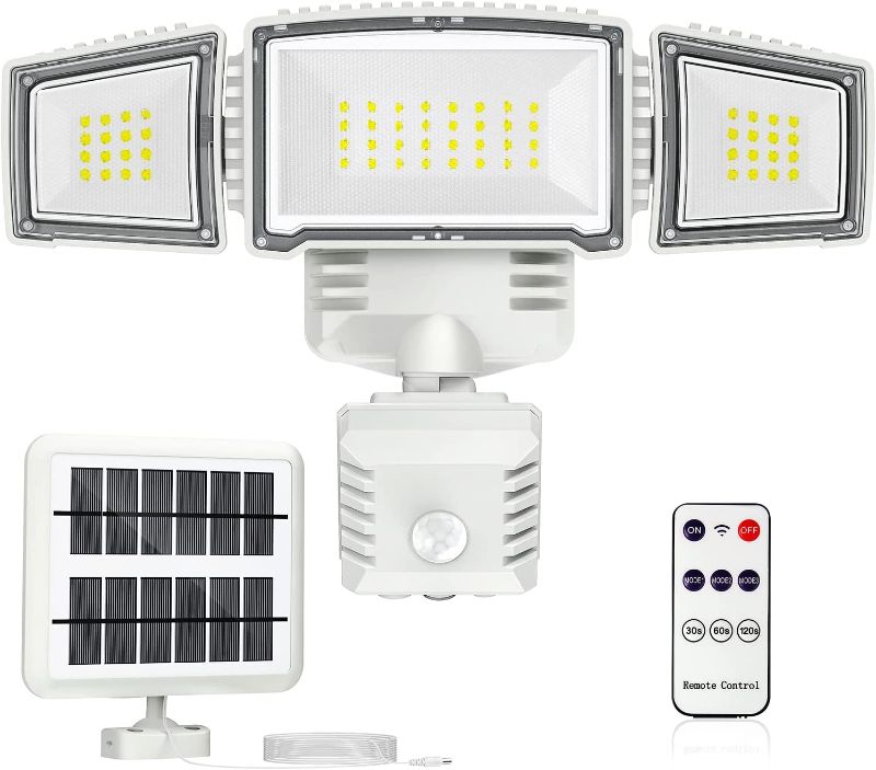 Photo 1 of Becament 3000LM Solar Security Lights with 3 Motion Sensor Modes, Wireless Remote Control, Solar Motion Lights Outdoor with 3 Heads, Ip65 Waterproof LED Flood Light for Garage, Porch, White
