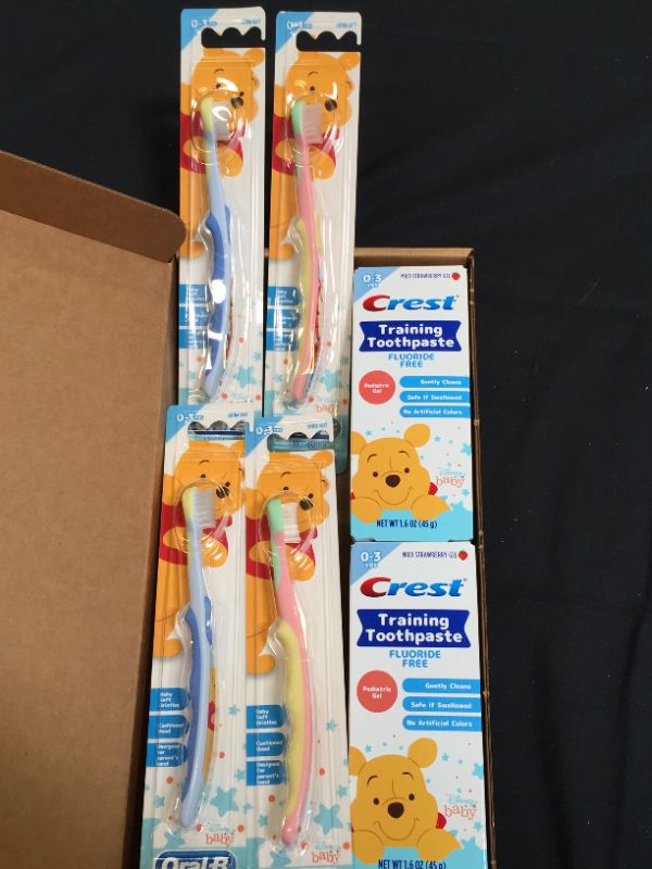 Photo 1 of Crest & Oral-B Winnie The Pooh Baby (4)Toothbrush & (2)Toothpaste Kit, Exp 1/23
