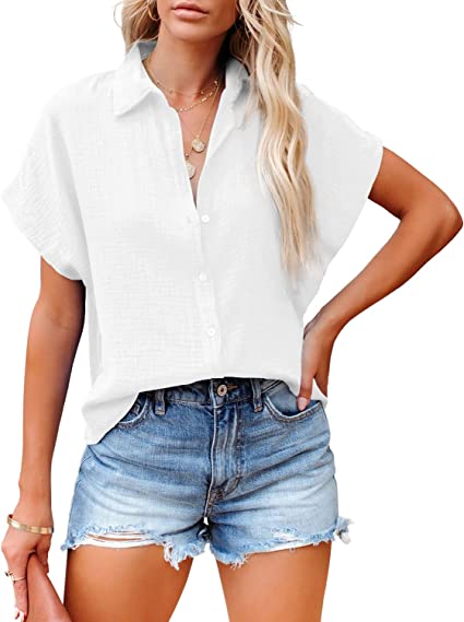 Photo 1 of Davenil Women Short Sleeve Button Down Shirts Linen Casual Collar Blouses WHITE
XL