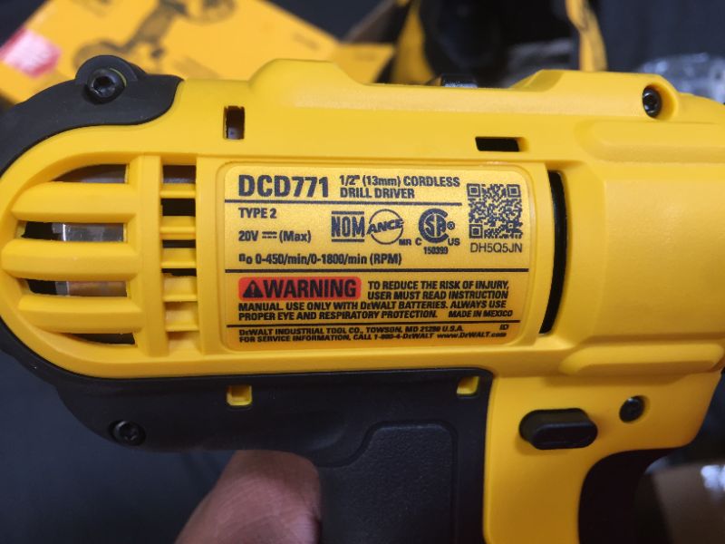 Photo 3 of Dewalt DCD771C2 20V MAX Cordless Lithium-Ion 1/2 inch Compact Drill Driver Kit