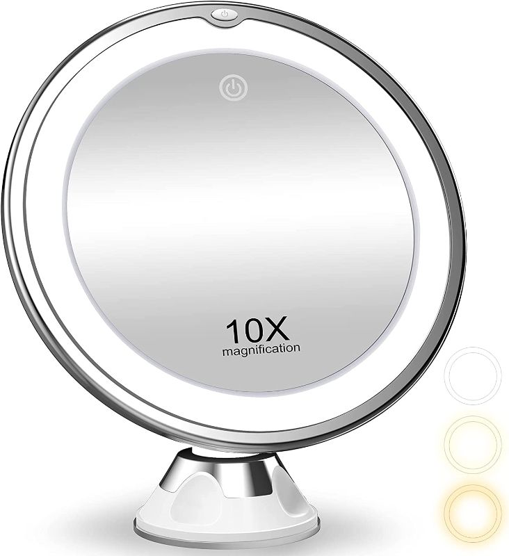 Photo 1 of 10X Magnifying Makeup Mirror with Lights, 3 Color Lighting, Bathroom Shower Mirror with Suction Cup, Intelligent Switch, 360 Degree Rotation, Portable for Detailed Makeup, Close Skincare