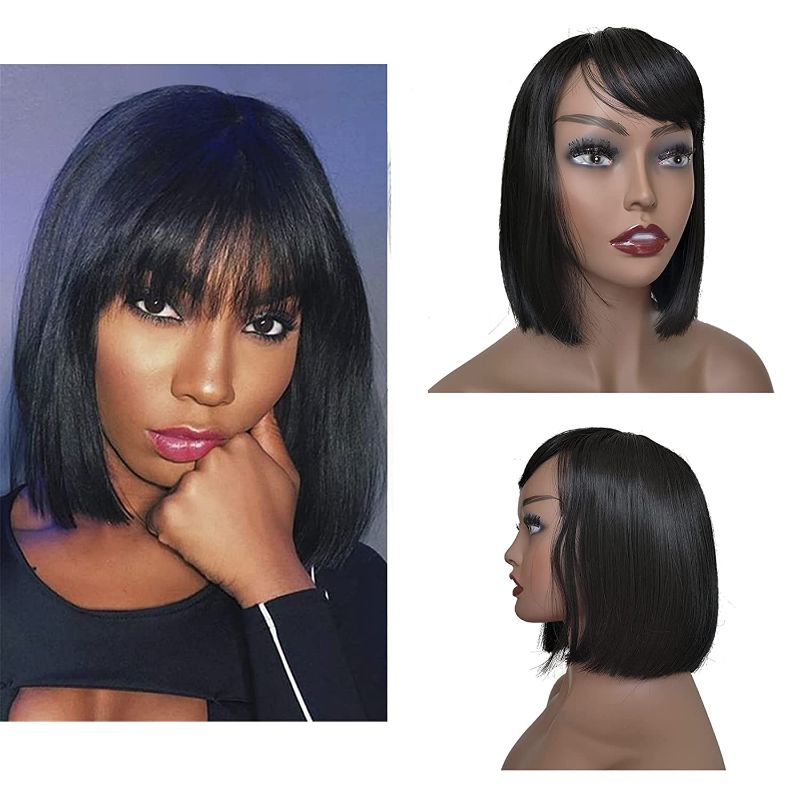 Photo 1 of 10 Inch Short Bob Wigs with Bangs NONE Lace Black Straight wig Heat Resistant Replacement Wig Full Machine Made Natural Looking Synthetic Wig
