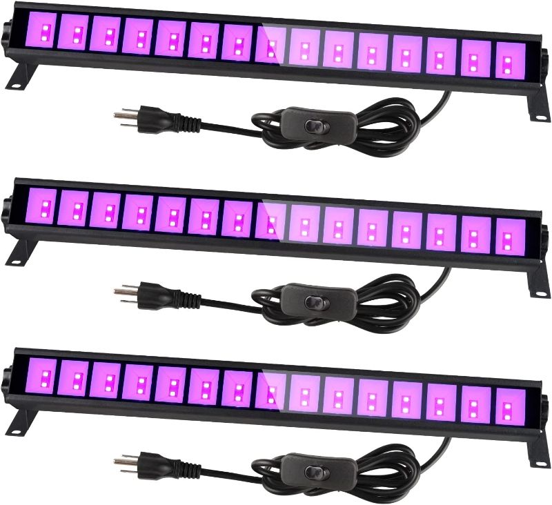 Photo 1 of 3 Pack Upgraded 36W LED Black Light Bar, Blacklight Flood Light with Plug & Switch & 5ft Power Cord, Each Light Up 21x21ft Area, for Glow Fluorescent Party Bedroom Game Room Body Paint Stage Lighting
