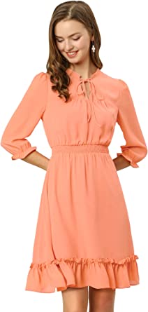 Photo 1 of Allegra K Women's Ruffle Hem 3/4 Sleeve A-Line Smocked Short Chiffon Dress SIZE LARGE 
