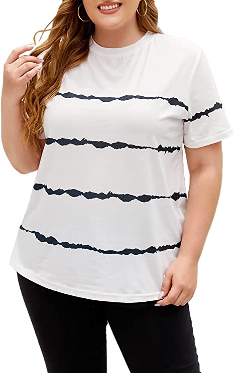 Photo 1 of Yskkt Womens Plus Size Crewneck Striped T Shirt Short Sleeve Casual Side Slit Tunic Tops
