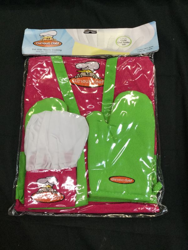 Photo 2 of Curious Chef Child Textile Set - 4-Piece Set I Real Chef's Wear for Children I Child-Sized Apron, Oven Mitts & Hat I Machine Washable I Pink/Green