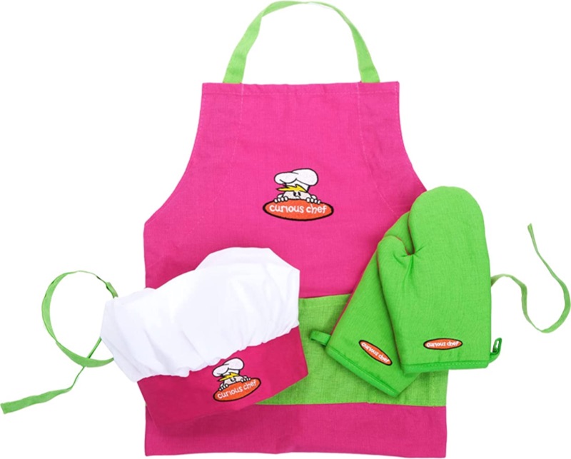 Photo 1 of Curious Chef Child Textile Set - 4-Piece Set I Real Chef's Wear for Children I Child-Sized Apron, Oven Mitts & Hat I Machine Washable I Pink/Green